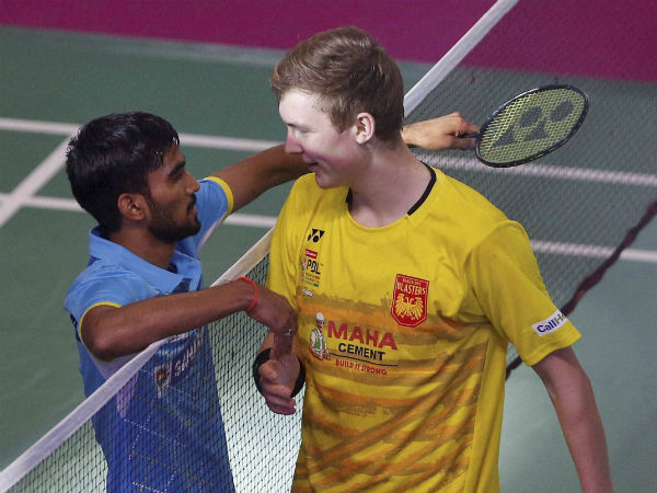 Kidambi Srikanth of Awadhe Warriors after his win shakes hands with Danish badminton player Viktor Axelsen of Bengaluru Blasters during the men's singles of Premier Badminton League (PBL) in Bengaluru on Monday. Srikanth won the match 11-9, 11-9. Kidambi Srikanth of Awadhe Warriors after his win shakes hands with Danish badminton player Viktor Axelsen of Bengaluru Blasters during the men's singles of Premier Badminton League (PBL) in Bengaluru on Monday. Srikanth won the match 11-9, 11-9.