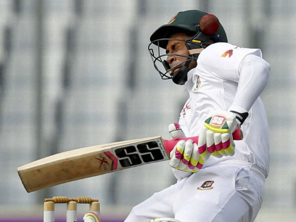 Ball hits the helmet of Bangladesh's captain Mushfiqur Rahim as he bats. Ball hits the helmet of Bangladesh's captain Mushfiqur Rahim as he bats.