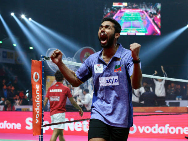 HS Prannoy celebrates his victory over Sameer Verma HS Prannoy celebrates his victory over Sameer Verma