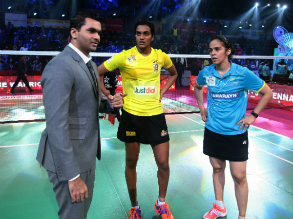 Sindhu and Saina before the start of their PBL match Sindhu and Saina before the start of their PBL match