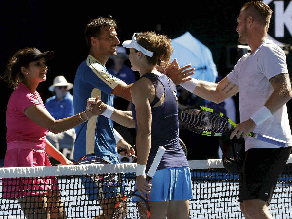 Sania Mirza (left), Ivan Dodig, (2nd left) are congratulated by Samantha Stosur (3rd left) and Sam Groth after their Australian Open semi-final win. Sania Mirza (left), Ivan Dodig, (2nd left) are congratulated by Samantha Stosur (3rd left) and Sam Groth after their Australian Open semi-final win.