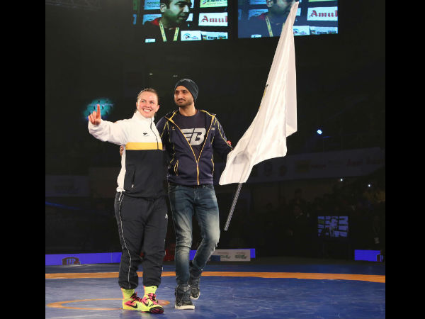 Winning moment shared by Erica Wiebe captain and Team Co- Owner Harbhajan Singh Winning moment shared by Erica Wiebe captain and Team Co- Owner Harbhajan Singh