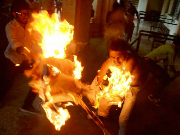 A student of Allahabad Central University immolates himself during a protest over various demands at Vice Chancellor office, in Allahabad A student of Allahabad Central University immolates himself during a protest over various demands at Vice Chancellor office, in Allahabad