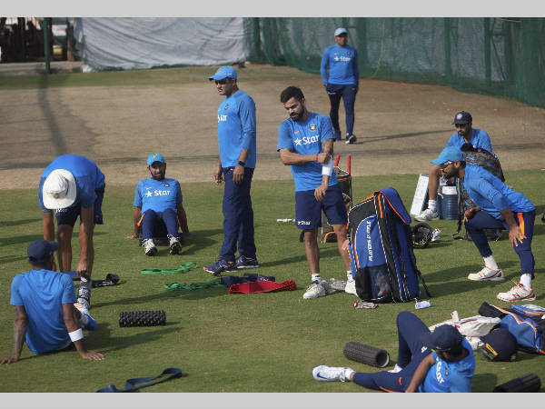 Anil Kumble (4th left) and Indian players at practice in Hyderabad on Monday (February 6) Anil Kumble (4th left) and Indian players at practice in Hyderabad on Monday (February 6)
