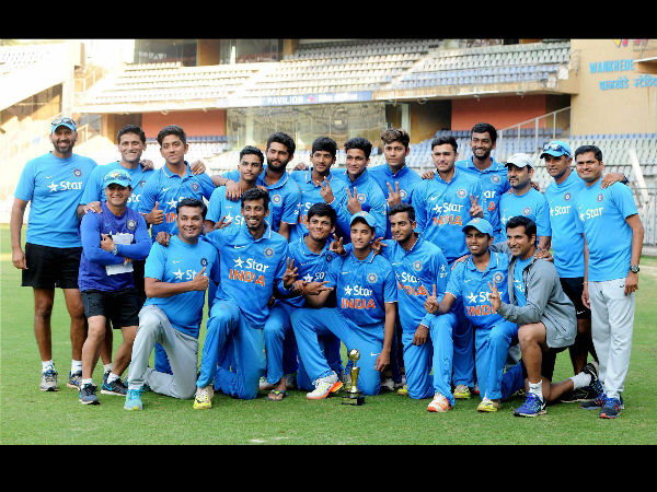 India Under 19 team players pose for a group photo after winning the series against England Under 19 at Wankhade Stadium. India Under 19 team players pose for a group photo after winning the series against England Under 19 at Wankhade Stadium.
