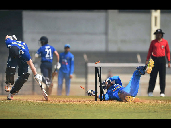 England's U-19 player Jack Blatherwick gets dismissed during the Youth ODI match against India at Brabourne Stadium in Mumbai on Friday. England's U-19 player Jack Blatherwick gets dismissed during the Youth ODI match against India at Brabourne Stadium in Mumbai on Friday.