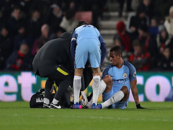 Gabriel Jesus (right) gets treated on the ground after his injury (Image courtesy: Manchester City Twitter handle) Gabriel Jesus (right) gets treated on the ground after his injury (Image courtesy: Manchester City Twitter handle)