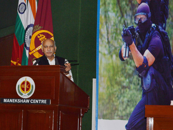 Minister of State for External Affairs MJ Akbar addresses defence delegates at the 17th International Counter Terrorism Seminar of National Security Guard at Manekshaw Auditorium Delhi Cantt in New Delhi. Minister of State for External Affairs MJ Akbar addresses defence delegates at the 17th International Counter Terrorism Seminar of National Security Guard at Manekshaw Auditorium Delhi Cantt in New Delhi.