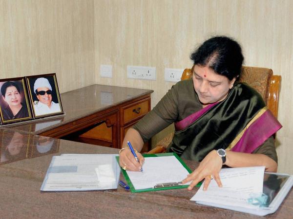 Chennai: AIADMK party's general secretary VK Sasikala signing a document in Chennai. Chennai: AIADMK party's general secretary VK Sasikala signing a document in Chennai.