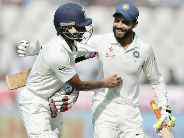 Wriddhiman Saha (left) and Ravindra Jadeja return to the pavilion after India declared at 687/6 Wriddhiman Saha (left) and Ravindra Jadeja return to the pavilion after India declared at 687/6