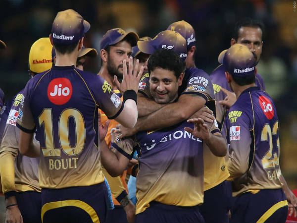 KKR players celebrate a wicket at IPL 2017 KKR players celebrate a wicket at IPL 2017