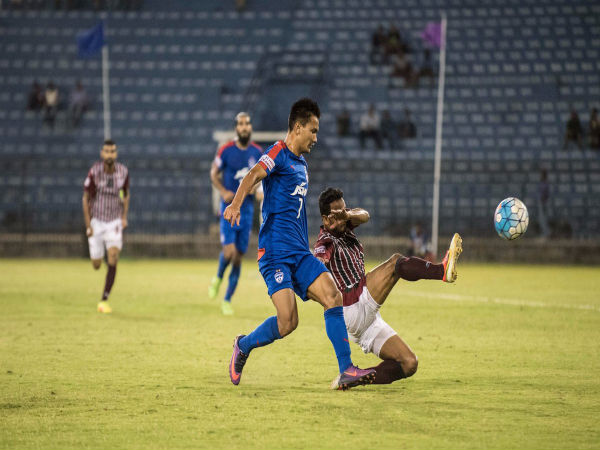 Bengaluru FC (blue jersey) against Mohun Bagan (Image courtesy: BFC Twitter handle) Bengaluru FC (blue jersey) against Mohun Bagan (Image courtesy: BFC Twitter handle)