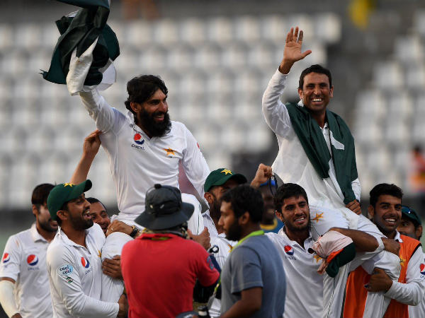 Misbah-ul-Haq (left) and Younis Khan after the match (Image courtesy: PCB Twitter handle) Misbah-ul-Haq (left) and Younis Khan after the match (Image courtesy: PCB Twitter handle)