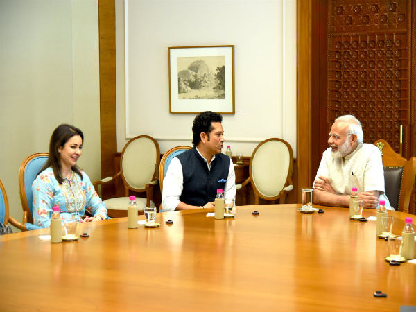 From left: Anjali Tendulkar, Sachin Tendulkar and PM Narendra Modi (Image courtesy: Narendra Modi Twitter handle) From left: Anjali Tendulkar, Sachin Tendulkar and PM Narendra Modi (Image courtesy: Narendra Modi Twitter handle)