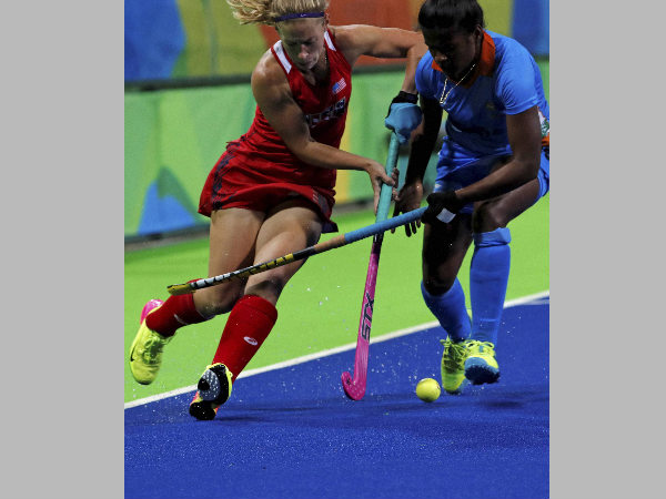 File photo: India's Sunita Lakra (right) fights for the ball with United States' Katie Bam File photo: India's Sunita Lakra (right) fights for the ball with United States' Katie Bam