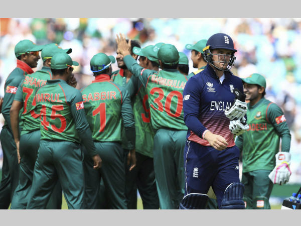 Bangladesh players celebrate an England wicket at Champions Trophy 2017 Bangladesh players celebrate an England wicket at Champions Trophy 2017