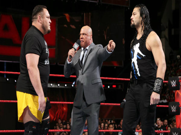 From left, Roman Reigns, Kurt Angle & Samoa Joe (image courtesy WWE.com) From left, Roman Reigns, Kurt Angle & Samoa Joe (image courtesy WWE.com)