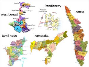 WB, TN, Kerala, Assam, Puducherry map