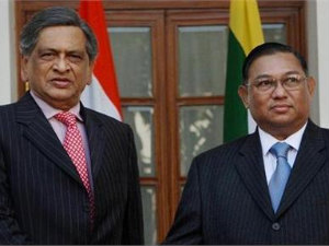 External Affairs Minister S M Krishna shakes hands with Minister for Foreign Affairs Myanmar, U Wunna Maung before a meeting.