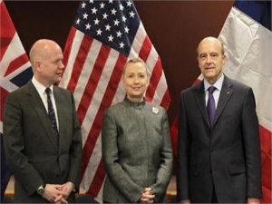 UN : British Foreign Sec William Hague, left, United States Sec of State Hillary Clinton and French Foreign Minister Alain Juppe before their meeting. PTI