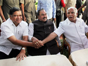 BS Yeddyurappa and Jagadish Shettar celebrating with Eshwarappa BS Yeddyurappa and Jagadish Shettar celebrating with Eshwarappa