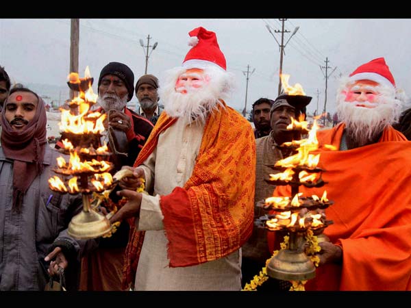 Hindu devotees dressed as Santa
