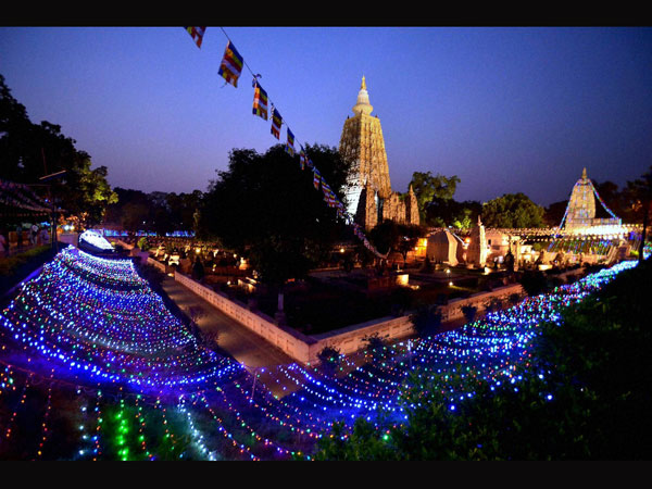 A view of illuminated Mahabodhi Temple