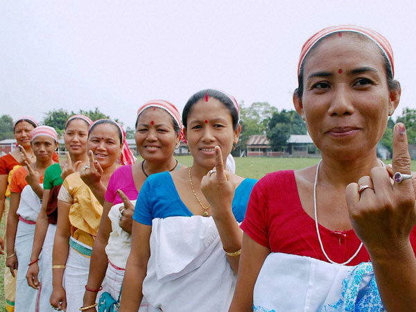 Deori community women show their mark after casting their vote