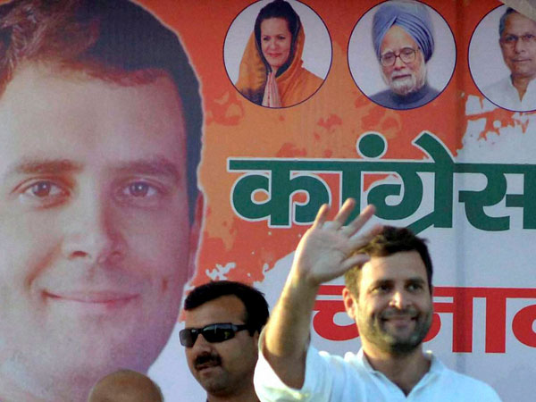 Rahul Gandhi waves at an election meeting in Morena
