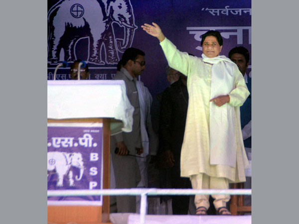 BSP supremo Mayawati waves at an election rally