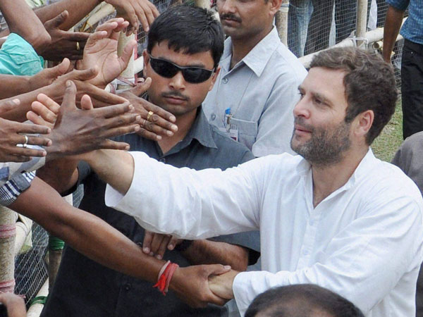 Rahul Gandhi meeting supporters at an election rally in Nagaon