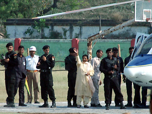 Bahujan Samaj Party (BSP) chief Mayawati waves to the public