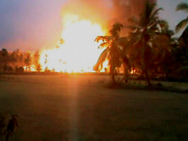Blazing fire after an explosion at a gas pipeline