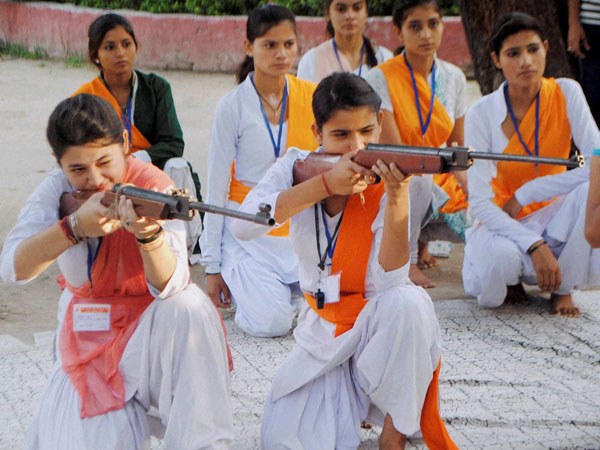 Members of Durga Vahini, participate in a self-defence