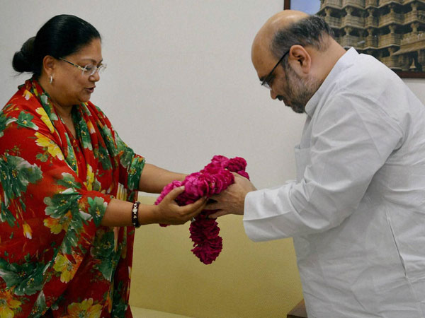Rajasthan Chief Minister Vasundhara Raje greets BJP President Amit Shah