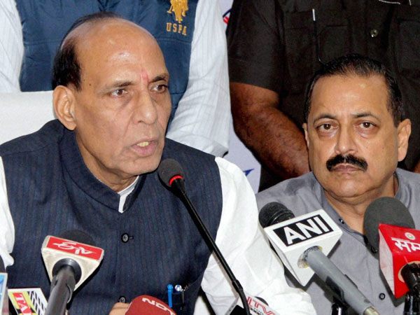 Union Home Minister Rajnath Singh along with MoS PMO Jitendra Singh addressing a press conference after reviewing the flood situation in Jammu and Kashmir, at Technical Airport in Jammu on Saturday.