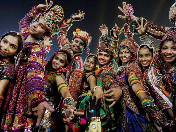 Participants perform the Garba dance at a Navratri festival