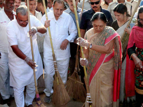 Anandiben Patel wields the broom at a cleanliness drive