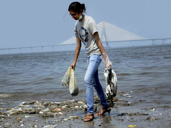 College student participates in a cleanliness drive