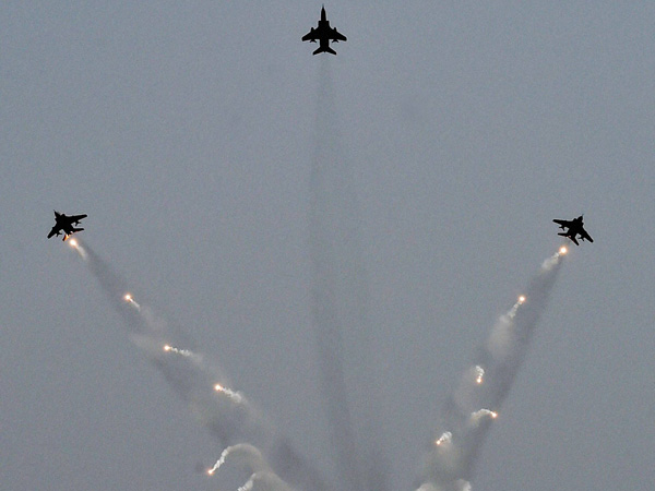 Fighter aircrafts present an air show during the 82nd Air Force Day