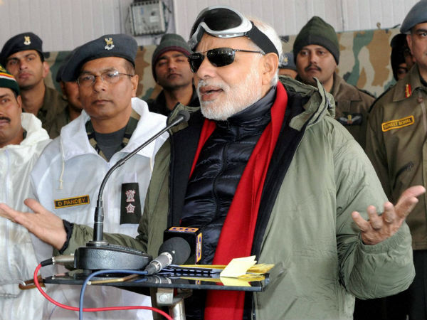 Prime Minister Narendra Modi addresses the Officers and Jawans of the Indian Armed Forces during his visit to Siachen on the occasion of Diwali on Thursday. PTI Photo