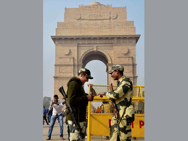 BSF personnel stand guard near India Gate