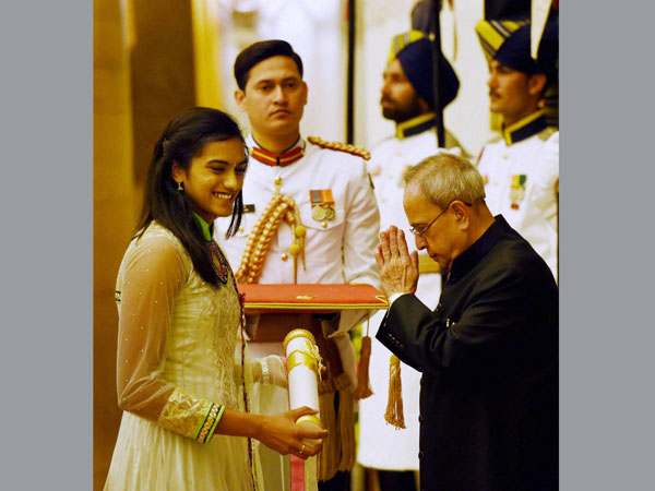 President Pranab Mukherjee presents Padma Shri to P V Sindhu