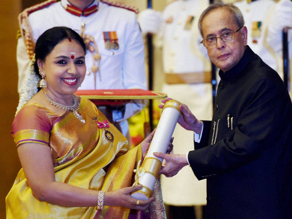 President Pranab Mukherjee presents Padma Bhushan to Sudha Ragunathan