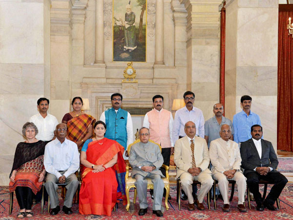 President Pranab Mukherjee with the awardees of the Presidential Awards for Classical Tamil 2011-2012 & 2012-2013, at Rashtrapati Bhavan, in New Delhi on Thursday. Union Minister for Human Resource Development, Smriti Irani is also seen. President Pranab Mukherjee with the awardees of the Presidential Awards for Classical Tamil 2011-2012 & 2012-2013, at Rashtrapati Bhavan, in New Delhi on Thursday. Union Minister for Human Resource Development, Smriti Irani is also seen.