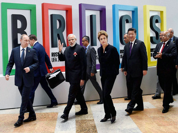 Prime Minister Narendra Modi with Russian President Vladimir Putin, Brazilian President Dilma Rousseff Chinese President Xi Jinping and South African President Jacob Zuma after BRICS Summit Welcome Ceremony at UFA in Russia Prime Minister Narendra Modi with Russian President Vladimir Putin, Brazilian President Dilma Rousseff Chinese President Xi Jinping and South African President Jacob Zuma after BRICS Summit Welcome Ceremony at UFA in Russia