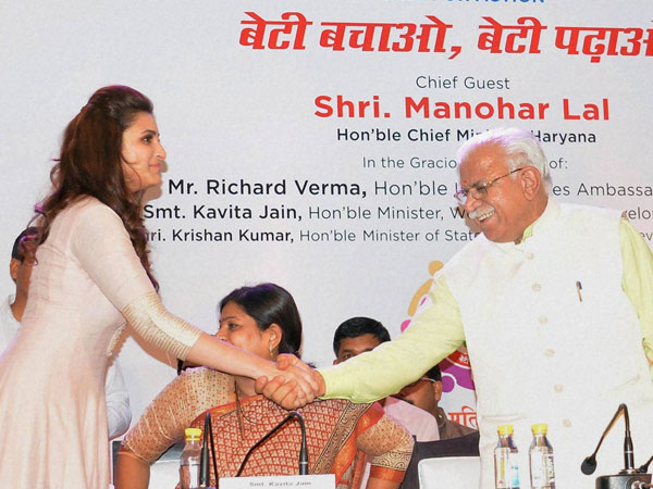 Haryana Chief Minister Manohar Lal greets actress Parineeti Chopra as US Ambassador Richard Verma looks on at a ‘Beti Bachao-Beti Padhao’ programme in Gurgaon. Haryana Chief Minister Manohar Lal greets actress Parineeti Chopra as US Ambassador Richard Verma looks on at a ‘Beti Bachao-Beti Padhao’ programme in Gurgaon.