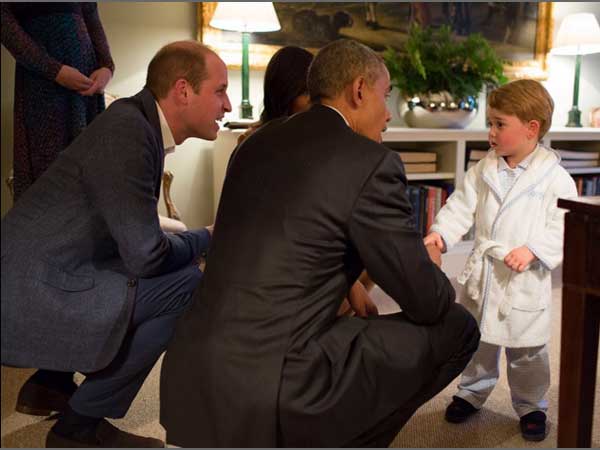 Prince George meets Barack Obama in his PJs Prince George meets Barack Obama in his PJs