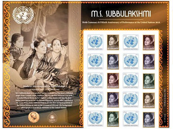 The stamp has images of Subbulakshmi and the UN emblem