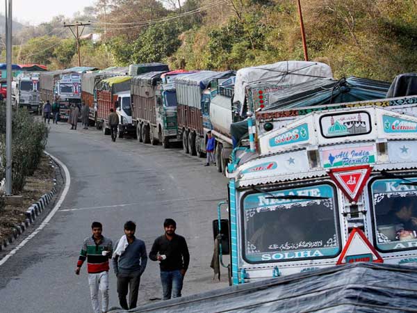 Trucks stranded on the outskirts of Jammu as landslides led to the blockade of Jammu-Srinagar National Highway Trucks stranded on the outskirts of Jammu as landslides led to the blockade of Jammu-Srinagar National Highway